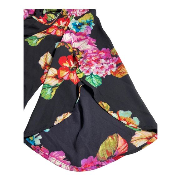 Spense Black Floral Flowing Smocked Top with Split Bell Sleeves Womens Medium - Picture 4 of 6